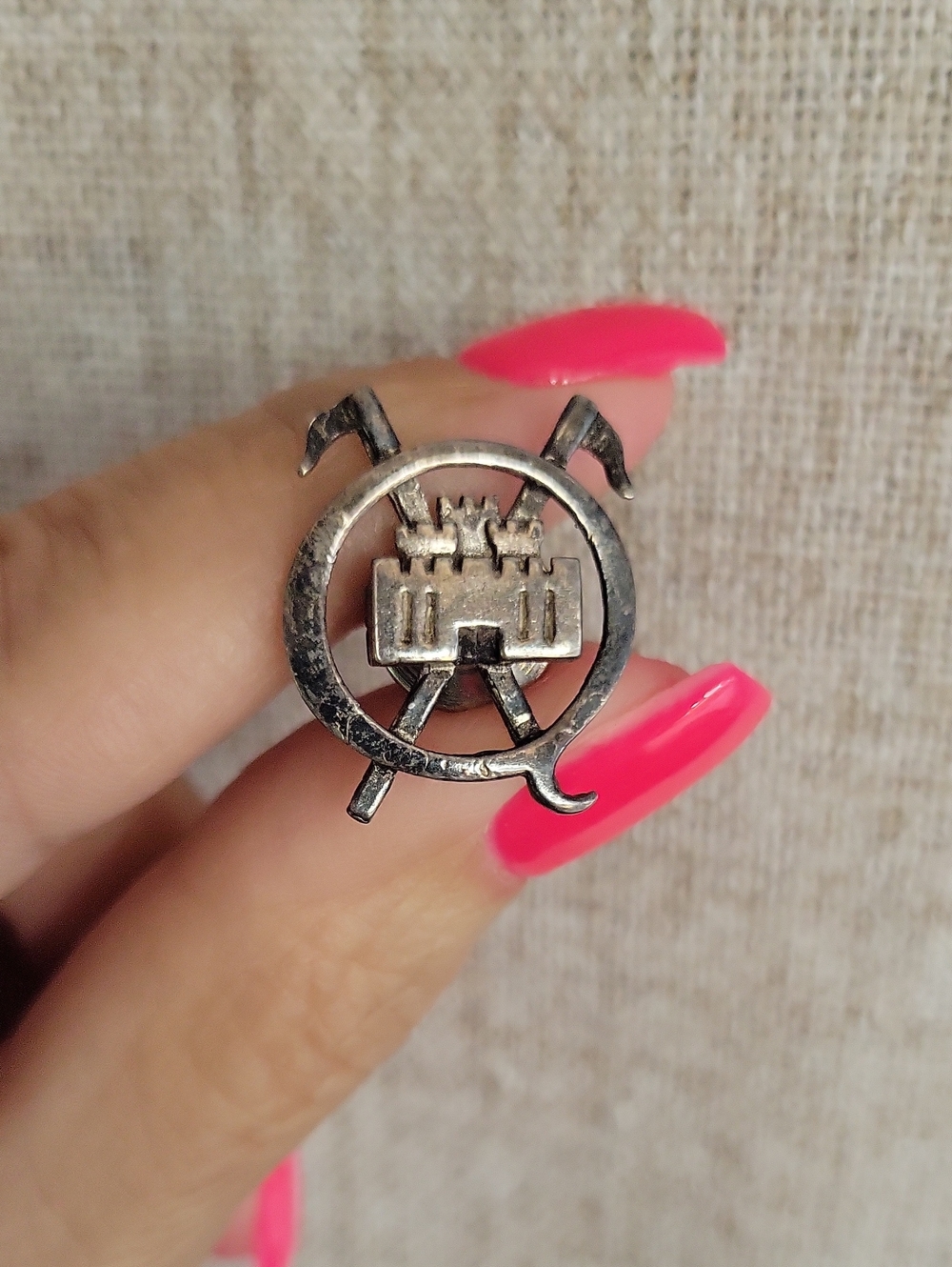 Vintage Silver Tone Castle Souvenir Tie Tack Pin  French Morlaix Motif Boho